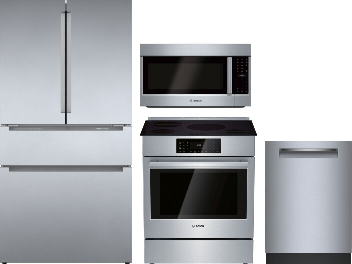 Bosch 800 4 Piece Kitchen Appliances Package with French Door Refrigerator, Induction Range, Dishwasher and Over the Range Microwave in Stainless Stee