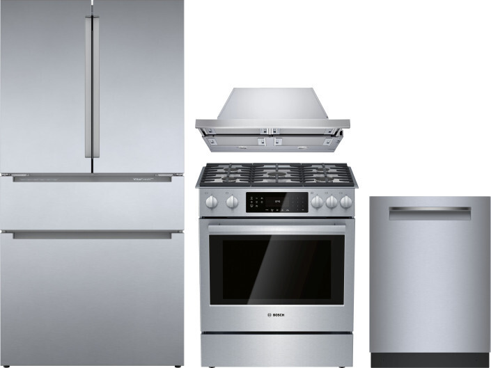 Bosch 800 4 Piece Kitchen Appliances Package with French Door Refrigerator, Gas Range and Dishwasher in Stainless Steel BORERARHDW108