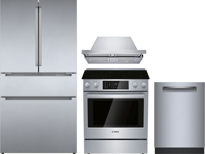 Bosch 800 4 Piece Kitchen Appliances Package with French Door Refrigerator, Electric Range and Dishwasher in Stainless Steel BORERARHDW109