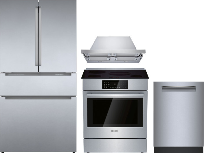 Bosch 800 4 Piece Kitchen Appliances Package with French Door Refrigerator, Induction Range and Dishwasher in Stainless Steel BORERARHDW110