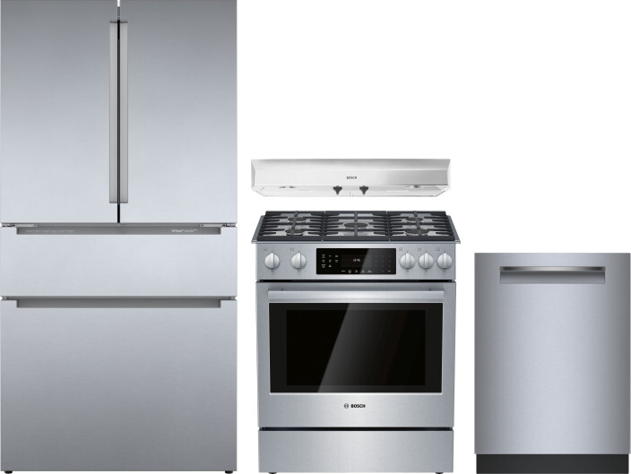 Bosch 800 4 Piece Kitchen Appliances Package with French Door Refrigerator, Gas Range and Dishwasher in Stainless Steel BORERARHDW111