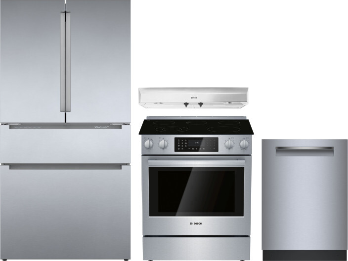 Bosch 800 4 Piece Kitchen Appliances Package with French Door Refrigerator, Electric Range and Dishwasher in Stainless Steel BORERARHDW112