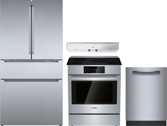 Bosch 800 4 Piece Kitchen Appliances Package with French Door Refrigerator, Induction Range and Dishwasher in Stainless Steel BORERARHDW113