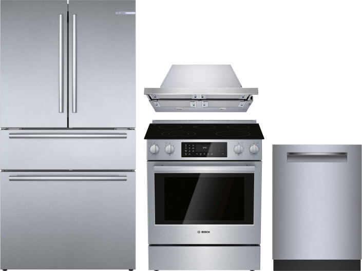 Bosch 800 4 Piece Kitchen Appliances Package with French Door Refrigerator, Electric Range and Dishwasher in Stainless Steel BORERARHDW115