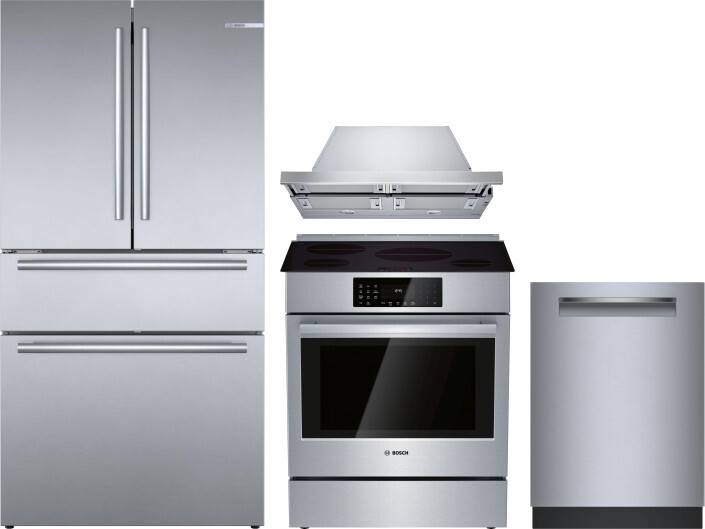 Bosch 800 4 Piece Kitchen Appliances Package with French Door Refrigerator, Induction Range and Dishwasher in Stainless Steel BORERARHDW116