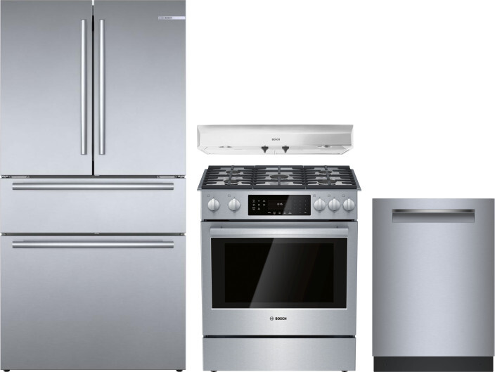 Bosch 800 4 Piece Kitchen Appliances Package with French Door Refrigerator, Gas Range and Dishwasher in Stainless Steel BORERARHDW117