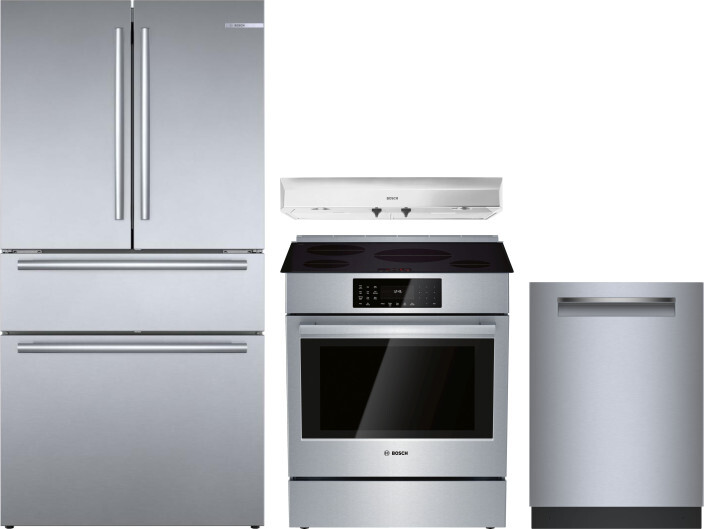 Bosch 800 4 Piece Kitchen Appliances Package with French Door Refrigerator, Induction Range and Dishwasher in Stainless Steel BORERARHDW119