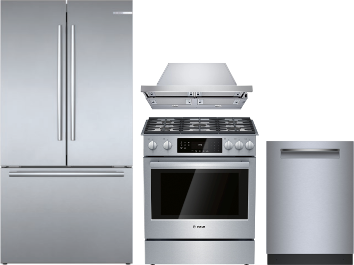 Bosch 800 4 Piece Kitchen Appliances Package with French Door Refrigerator, Gas Range and Dishwasher in Stainless Steel BORERARHDW120