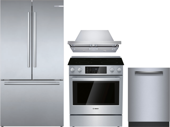 Bosch 800 4 Piece Kitchen Appliances Package with French Door Refrigerator, Electric Range and Dishwasher in Stainless Steel BORERARHDW121