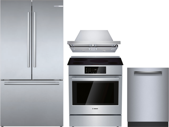 Bosch 800 4 Piece Kitchen Appliances Package with French Door Refrigerator, Induction Range and Dishwasher in Stainless Steel BORERARHDW122