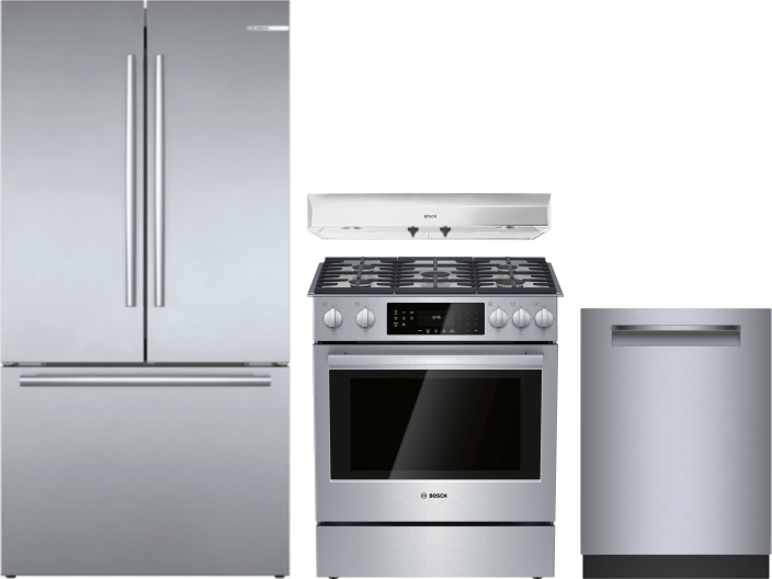 Bosch 800 4 Piece Kitchen Appliances Package with French Door Refrigerator, Gas Range and Dishwasher in Stainless Steel BORERARHDW123