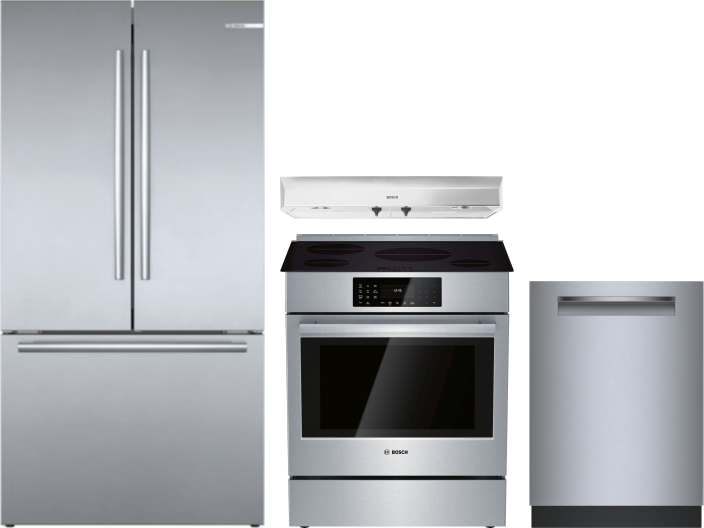 Bosch 800 4 Piece Kitchen Appliances Package with French Door Refrigerator, Induction Range and Dishwasher in Stainless Steel BORERARHDW125
