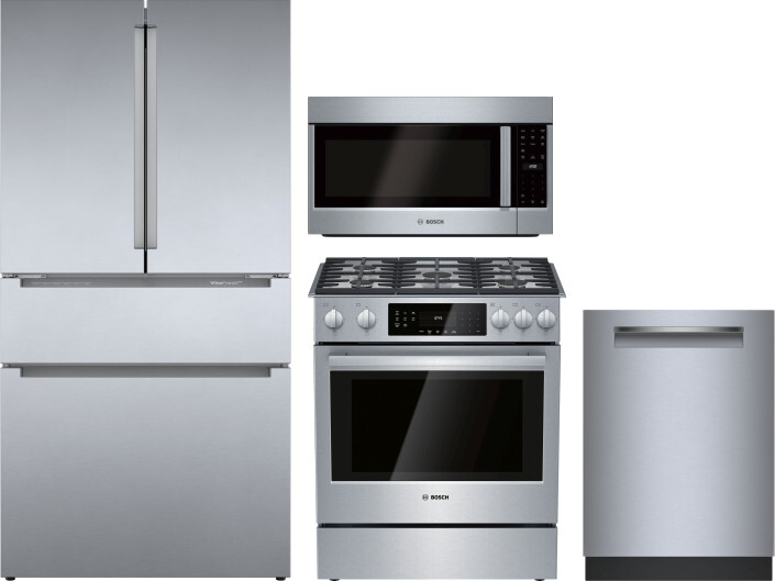Bosch 4 Piece Kitchen Appliances Package with French Door Refrigerator, Gas Range, Dishwasher and Over the Range Microwave in Stainless Steel BORERADW