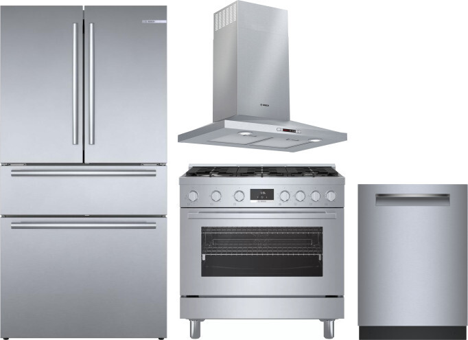 Bosch 4 Piece Kitchen Appliances Package with French Door Refrigerator, Gas Range and Dishwasher in Stainless Steel BORERADWRH815