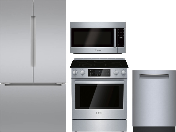 Bosch 4 Piece Kitchen Appliances Package with French Door Refrigerator, Electric Range, Dishwasher and Over the Range Microwave in Stainless Steel BOR