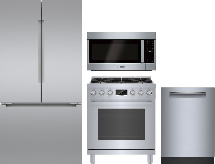 Bosch 4 Piece Kitchen Appliances Package with French Door Refrigerator, Gas Range, Dishwasher and Over the Range Microwave in Stainless Steel BORERADW