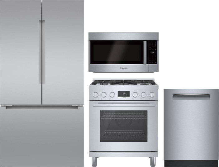 Bosch 4 Piece Kitchen Appliances Package with French Door Refrigerator, Dual Fuel Range, Dishwasher and Over the Range Microwave in Stainless Steel BO