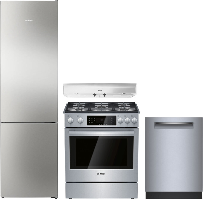 Bosch 500 4 Piece Kitchen Appliances Package with Bottom Freezer Refrigerator, Gas Range and Dishwasher in Stainless Steel BORERADWRH818
