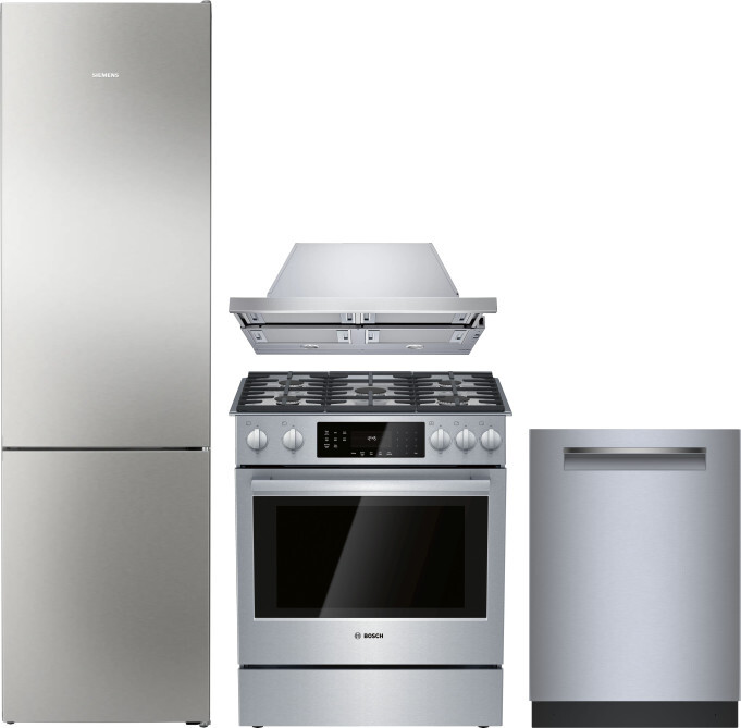 Bosch 800 4 Piece Kitchen Appliances Package with Bottom Freezer Refrigerator, Gas Range and Dishwasher in Stainless Steel BORERADWRH820
