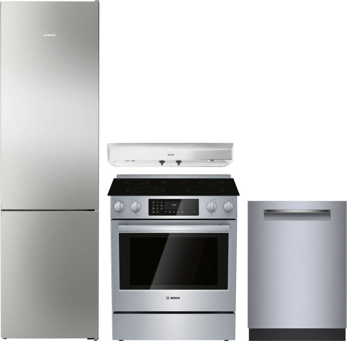 Bosch 800 4 Piece Kitchen Appliances Package with Bottom Freezer Refrigerator, Electric Range and Dishwasher in Stainless Steel BORERADWRH823
