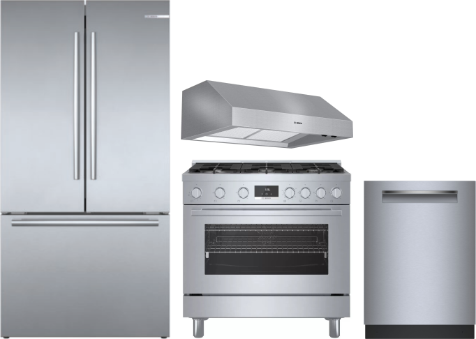 Bosch 4 Piece Kitchen Appliances Package with French Door Refrigerator, Gas Range and Dishwasher in Stainless Steel BORERADWRH824