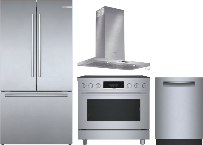 Bosch 4 Piece Kitchen Appliances Package with French Door Refrigerator, Induction Range and Dishwasher in Stainless Steel BORERADWRH825