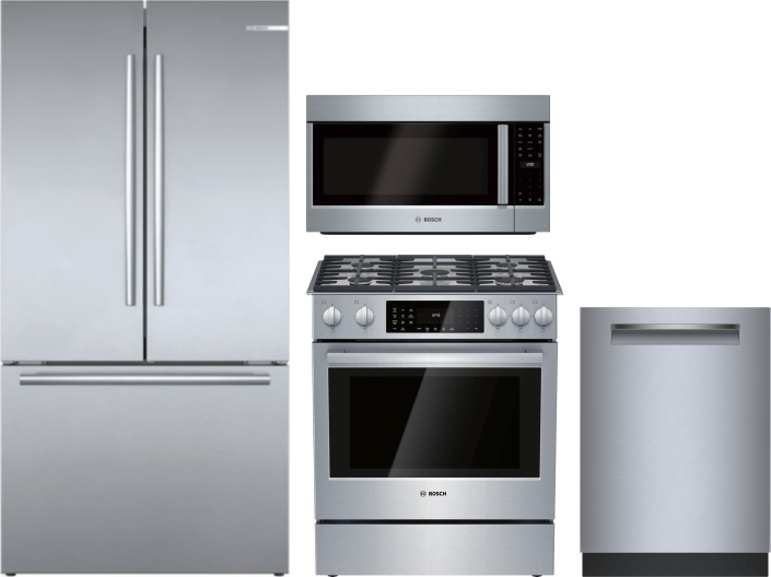 Bosch 4 Piece Kitchen Appliances Package with French Door Refrigerator, Dual Fuel Range, Dishwasher and Over the Range Microwave in Stainless Steel BO