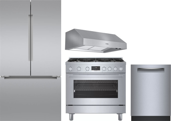 Bosch 4 Piece Kitchen Appliances Package with French Door Refrigerator, Gas Range and Dishwasher in Stainless Steel BORERADWRH826