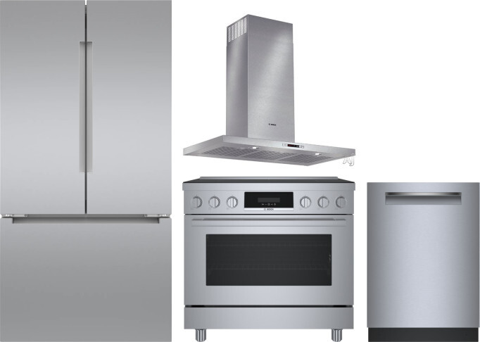 Bosch 4 Piece Kitchen Appliances Package with French Door Refrigerator, Induction Range and Dishwasher in Stainless Steel BORERADWRH827