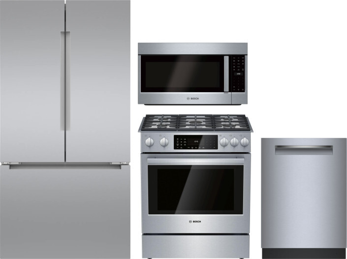 Bosch 4 Piece Kitchen Appliances Package with French Door Refrigerator, Dual Fuel Range, Dishwasher and Over the Range Microwave in Stainless Steel BO