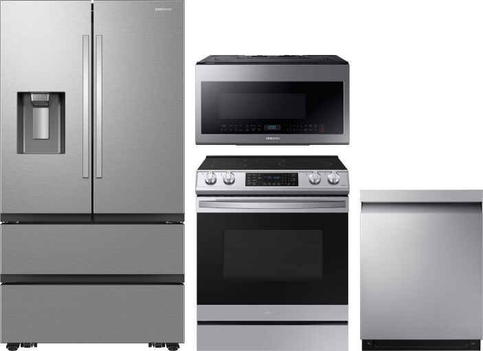Samsung 4 Piece Kitchen Appliances Package with French Door Refrigerator, Induction Range, Dishwasher and Over the Range Microwave in Stainless Steel 