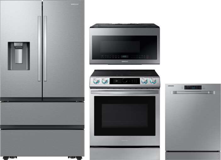 Samsung 4 Piece Kitchen Appliances Package with French Door Refrigerator, Induction Range, Dishwasher and Over the Range Microwave in Stainless Steel 
