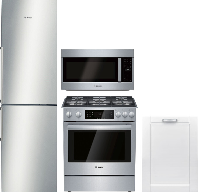 Bosch 500 4 Piece Kitchen Appliances Package with Bottom Freezer Refrigerator, Gas Range, Dishwasher and Over the Range Microwave in Stainless Steel B