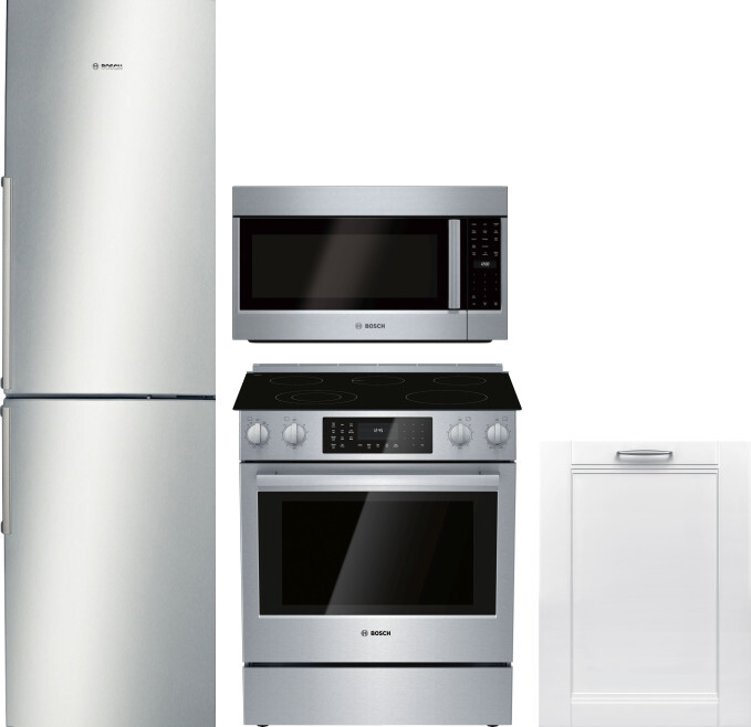Bosch 500 4 Piece Kitchen Appliances Package with Bottom Freezer Refrigerator, Electric Range, Dishwasher and Over the Range Microwave in Stainless St