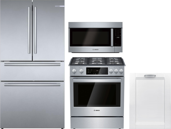 Bosch 800 4 Piece Kitchen Appliances Package with French Door Refrigerator, Gas Range, Over the Range Microwave and Dishwasher in Stainless Steel BORE