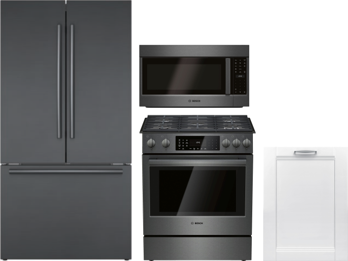 Bosch 800 4 Piece Kitchen Appliances Package with French Door Refrigerator, Gas Range, Over the Range Microwave and Dishwasher in Black Stainless Stee