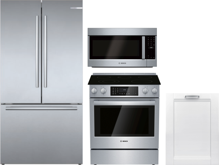 Bosch 800 4 Piece Kitchen Appliances Package with French Door Refrigerator, Electric Range, Over the Range Microwave and Dishwasher in Stainless Steel