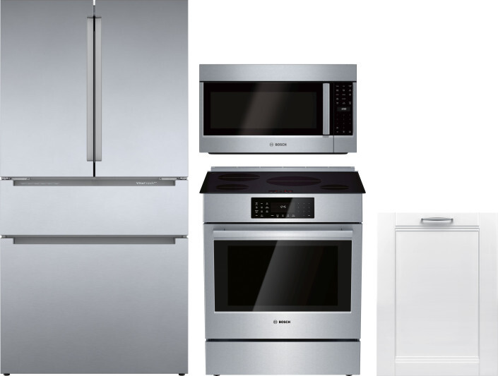 Bosch 800 4 Piece Kitchen Appliances Package with French Door Refrigerator, Induction Range, Over the Range Microwave and Dishwasher in Stainless Stee