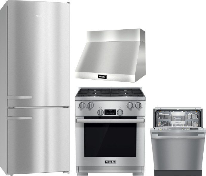 Miele 4 Piece Kitchen Appliances Package with Bottom Freezer Refrigerator, Dual Fuel Range and Dishwasher in Stainless Steel MIRERADWRH3094