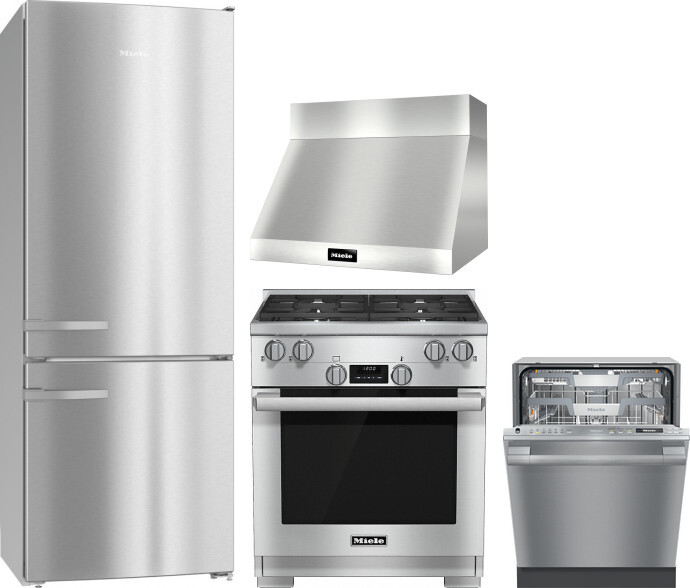 Miele 4 Piece Kitchen Appliances Package with Bottom Freezer Refrigerator, Gas Range and Dishwasher in Stainless Steel MIRERADWRH3095