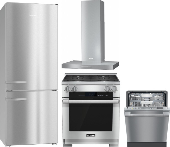 Miele 4 Piece Kitchen Appliances Package with Bottom Freezer Refrigerator, Dual Fuel Range and Dishwasher in Stainless Steel MIRERADWRH3096