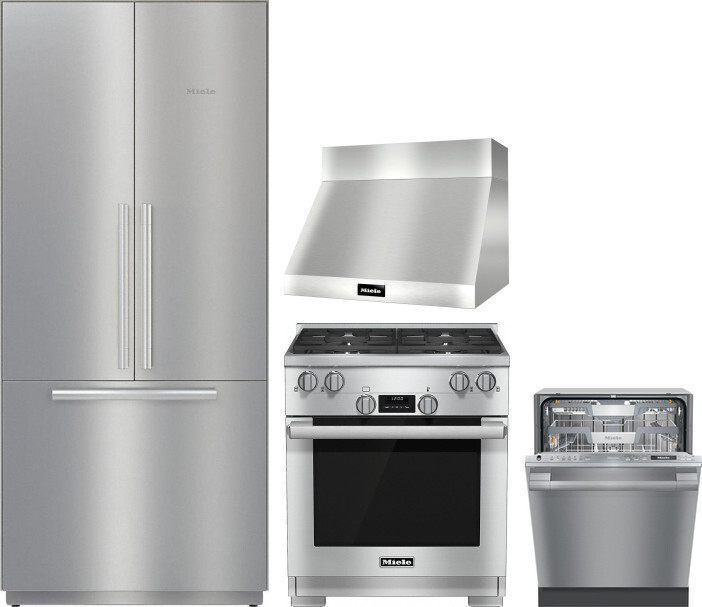 Miele 4 Piece Kitchen Appliances Package with French Door Refrigerator, Gas Range and Dishwasher in Stainless Steel MIRERADWRH3098