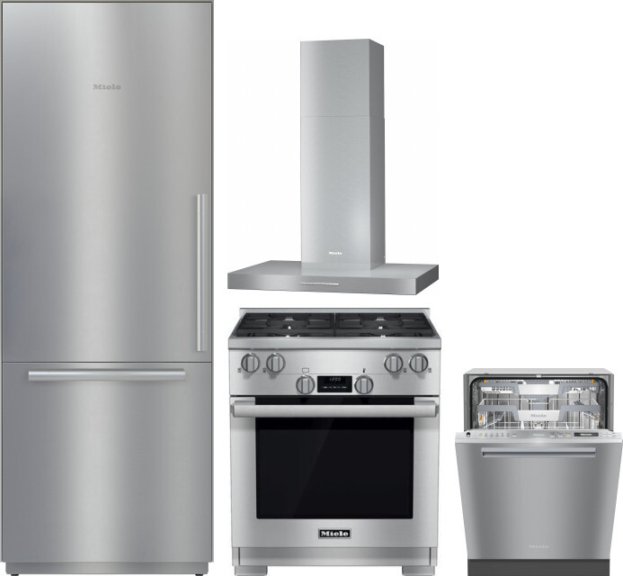 Miele 4 Piece Kitchen Appliances Package with Bottom Freezer Refrigerator, Dual Fuel Range and Dishwasher in Stainless Steel MIRERADWRH3100