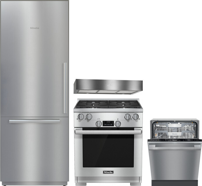 Miele 4 Piece Kitchen Appliances Package with Bottom Freezer Refrigerator, Gas Range and Dishwasher in Stainless Steel MIRERADWRH3101