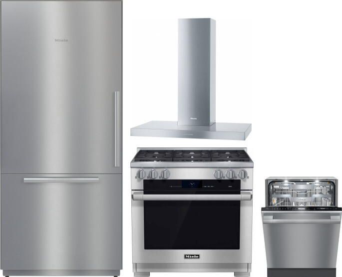 Miele 4 Piece Kitchen Appliances Package with Bottom Freezer Refrigerator, Dual Fuel Range and Dishwasher in Stainless Steel MIRERADWRH3106