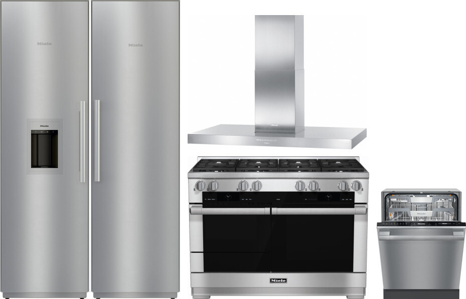 Miele 5 Piece Kitchen Appliances Package with Column Refrigerator, Dual Fuel Range and Dishwasher in Stainless Steel MIREFRRADWRH116