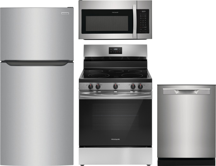 Frigidaire 4 Piece Kitchen Appliances Package with Top Freezer Refrigerator, Electric Range, Dishwasher and Over the Range Microwave in Stainless Stee