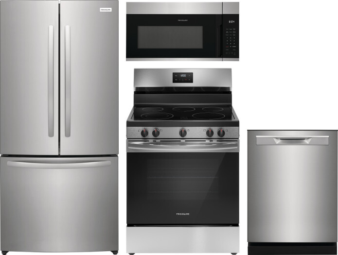 Frigidaire 4 Piece Kitchen Appliances Package with French Door Refrigerator, Electric Range, Dishwasher and Over the Range Microwave in Stainless Stee