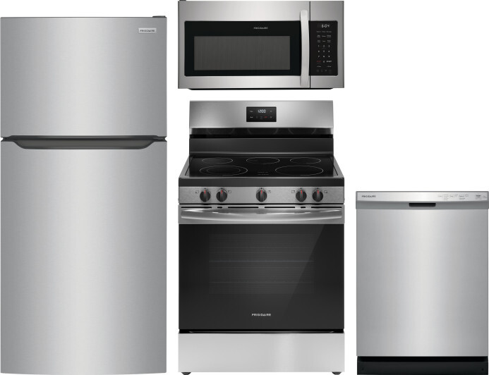 Frigidaire 4 Piece Kitchen Appliances Package with Top Freezer Refrigerator, Electric Range, Dishwasher and Over the Range Microwave in Stainless Stee