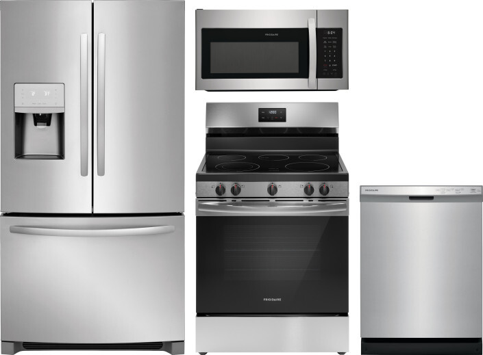 Frigidaire 4 Piece Kitchen Appliances Package with French Door Refrigerator, Electric Range, Dishwasher and Over the Range Microwave in Stainless Stee